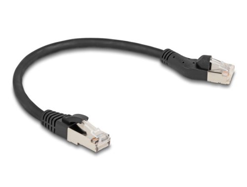 Delock RJ45 hálózati kábel Cat.8.1 S/FTP 45 -ben balra hajlított apa   egyenes apa, akár 40 Gbps, 0,25 m, fekete