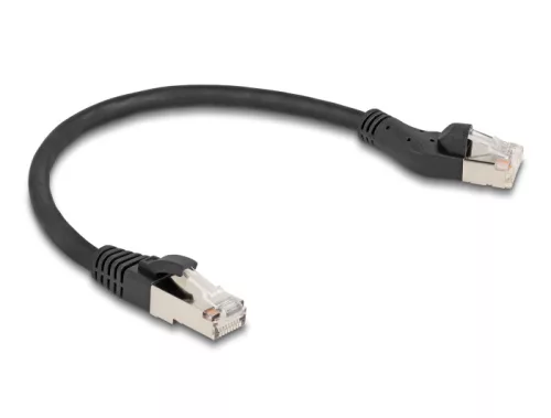 Delock RJ45 hálózati kábel Cat.8.1 S/FTP 45 -ben balra hajlított apa   egyenes apa, akár 40 Gbps, 0,25 m, fekete (DL-80734)