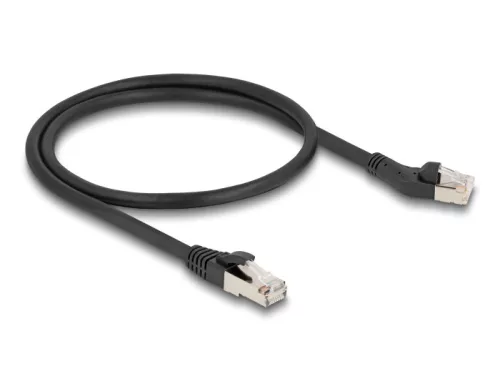 Delock RJ45 hálózati kábel Cat.8.1 S/FTP 45 -ben balra hajlított apa   egyenes apa, akár 40 Gbps, 0,5 m, fekete (DL-80749)