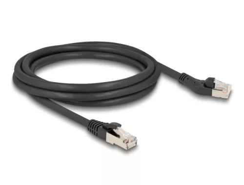 Delock RJ45 hálózati kábel Cat.8.1 S/FTP 45 -ben balra hajlított apa   egyenes apa, akár 40 Gbps, 2 m, fekete (DL-80753)