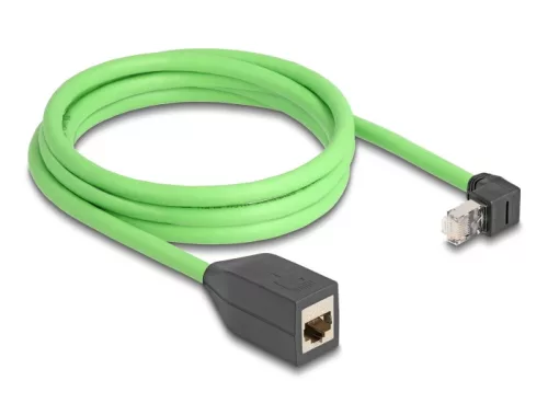 Delock RJ45 hálózat bővítő kábel Cat.6A apa felfelé néző csatlakozódugóval - anya SF/UTP alkalmas kábelvezető láncokhoz PUR (TPU) 2 m zöld (DL-80884)