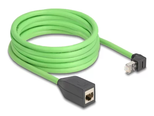 Delock RJ45 hálózat bővítő kábel Cat.6A apa felfelé néző csatlakozódugóval - anya SF/UTP alkalmas kábelvezető láncokhoz PUR (TPU) 5 m zöld (DL-80885)