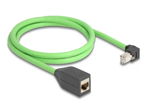 Delock RJ45 hálózat bővítő kábel Cat.6A apa lefelé néző csatlakozódugóval - anya SF/UTP alkalmas kábelvezető láncokhoz PUR (TPU) 1 m zöld (DL-80886)