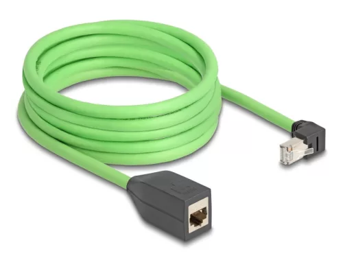 Delock RJ45 hálózat bővítő kábel Cat.6A apa lefelé néző csatlakozódugóval - anya SF/UTP alkalmas kábelvezető láncokhoz PUR (TPU) 5 m zöld (DL-80888)