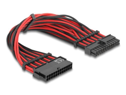 Delock Bővítő kábel 24 tűs ATX apa - 24 tűs ATX anya, fekete-piros textil borítással, 30 cm