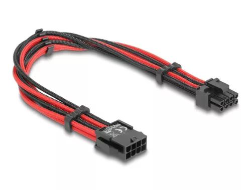 Delock Bővítő kábel 8 tűs apa - 6 + 2 tűs PCIe anya textil, fekete-piros borítással 30 cm (DL-80975)