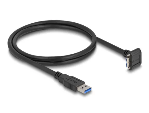 Delock USB 5 Gbps kábel A-típusú USB apa egyenes   Mikro-B-típusú USB apa 90 -ban lefelé fordított 18 mm-es csavar távolsággal 1 m, fekete (DL-81030)