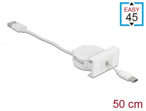 Delock Easy 45 modul USB 2.0 behúzhatós kábel A-típusú USB - USB Type-C  csatlakozókkal fehér (DL-81318)