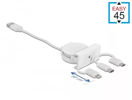 Delock Easy 45 modulos USB 2.0 3 az 1-ben behúzható kábel, A-típusú USB - USB-C , Micro USB és light (DL-81375)