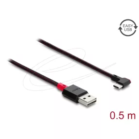   Delock EASY-USB 2.0 kábel A-típusú csatlakozódugó - USB Type-C  csatlakozódugó, ívelt bal / jobb, 0,5 m, fekete