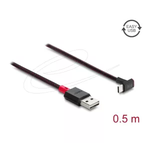   Delock EASY-USB 2.0 kábel A-típusú csatlakozódugó - USB Type-C  csatlakozódugó, ívelt felfelé / lefelé, 0,5 m, fekete