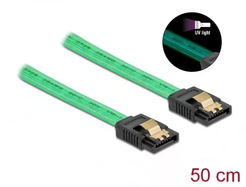 Delock 6 Gb/s SATA kábel UV fényhatással zöld színű, 50 cm (DL-82069)