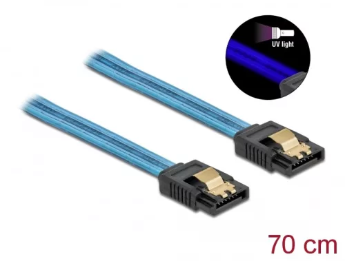 Delock 6 Gb/s SATA kábel UV fényhatással kék színű, 70 cm (DL-82133)