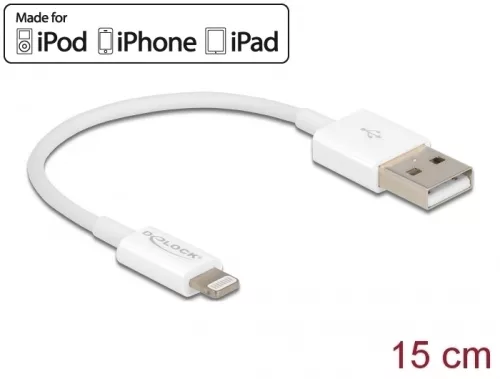 Delock USB adat- és töltőkábel iPhone , iPad  és iPod  készülékhez fehér 15 cm (DL-83001)