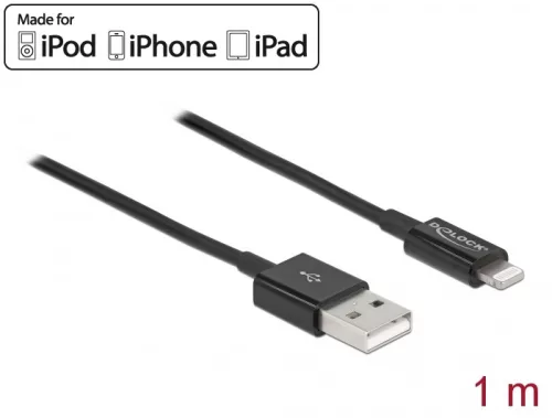 Delock USB adat- és töltőkábel iPhone , iPad  és iPod  készülékhez fekete 1 m (DL-83002)