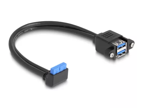 Delock Kábel USB 5 Gbps tűfejes anya 90 -ban hajlított végződéssel és 2 db.-os beépített USB 5 Gbps A-típusú anya végződéssel 50 cm (DL-83007)