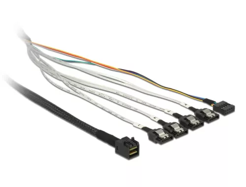 Delock kábel mini SAS HD SFF-8643 > 4 x SATA 7 tűs + Sideband 0,5 m fém (DL-83315)