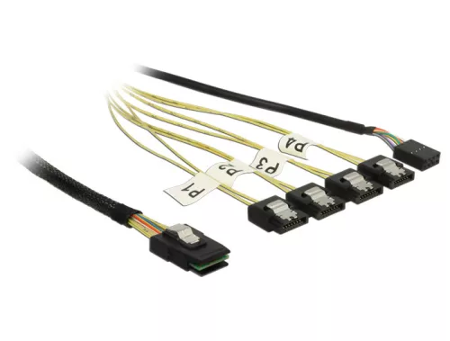 Delock Kábel Mini SAS SFF-8087 > 4 x 7 tus SATA fordított + oldalsáv, 1 m (DL-83319)