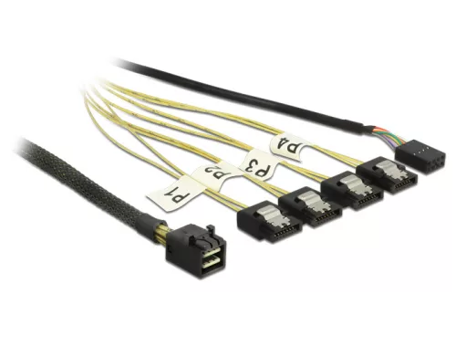 Delock Kábel Mini SAS HD SFF-8643 > 4 x 7 tus SATA fordított + oldalsáv, 1 m (DL-83322)
