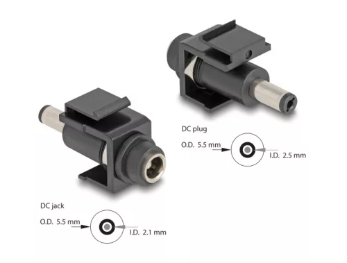 Delock Keystone modul, DC 5,5 x 2,1 mm-csatlakozóhüvely, DC 5,5 x 2,5 mm méretű apa, fekete (DL-84163)