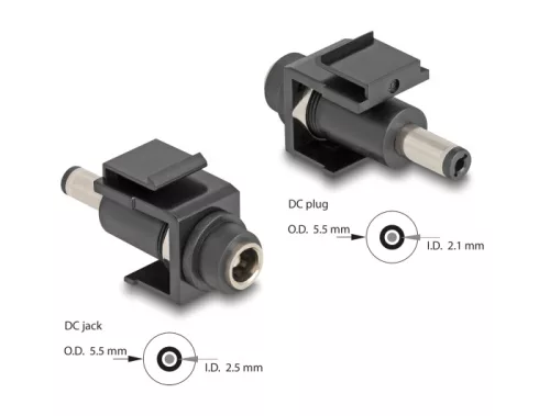 Delock Keystone modul, DC 5,5 x 2,5 mm-csatlakozóhüvely, DC 5,5 x 2,1 mm méretű apa, fekete (DL-84164)