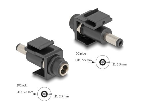 Delock Keystone modul, DC 5,5 x 2,5 mm-csatlakozóhüvely, DC 5,5 x 2,5 mm méretű apa, fekete