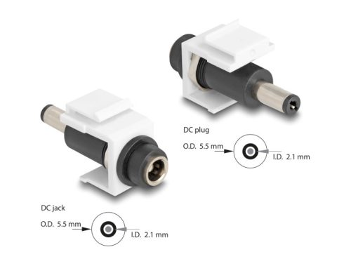 Delock Keystone modul, DC 5,5 x 2,1 mm-csatlakozóhüvely, DC 5,5 x 2,1 mm méretű apa, fehér
