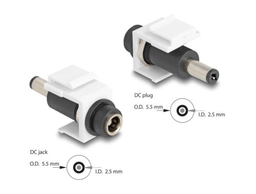 Delock Keystone modul, DC 5,5 x 2,5 mm-csatlakozóhüvely, DC 5,5 x 2,5 mm méretű apa, fehér