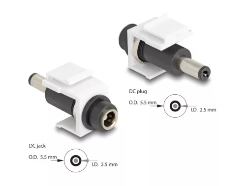 Delock Keystone modul, DC 5,5 x 2,5 mm-csatlakozóhüvely, DC 5,5 x 2,5 mm méretű apa, fehér (DL-84177)