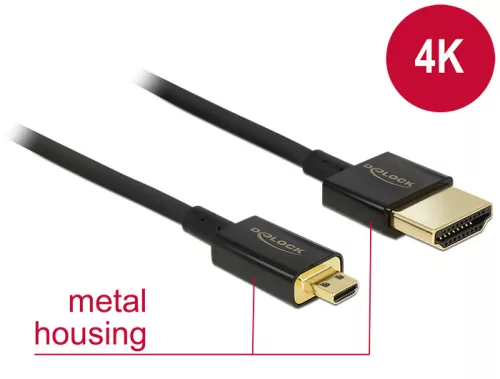 Delock kábel High Speed HDMI Ethernet - HDMI-A apa > HDMI Micro-D apa 3D 4K 2 m Slim Prémium (DL-84783)
