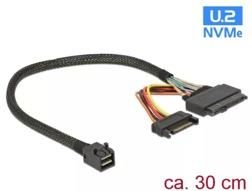 Delock Kábel SFF-8643 dugó > U.2 SFF-8639 hüvely + SATA tápcsatlakozó 30 cm (DL-84823)