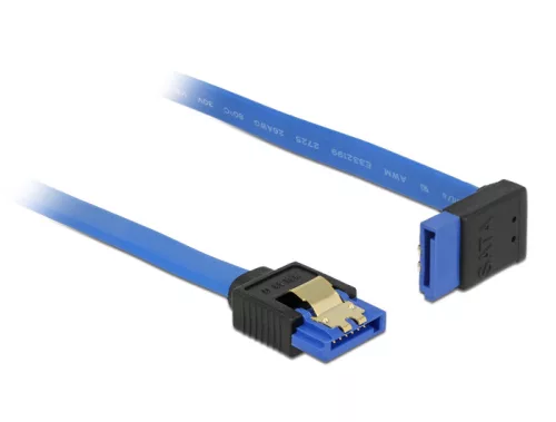 Delock SATA-kábel, 6 Gb/s, hüvely, egyenes > SATA hüvely, felfelé ívelt, 30 cm, kék aranyszínu kapcs (DL-84996)