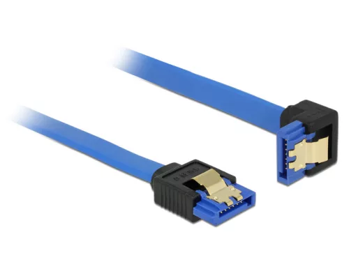 Delock SATA-kábel, 6 Gb/s, hüvely, egyenes > SATA hüvely, lefelé ívelt, 100 cm, kék aranyszínu kapcs (DL-85093)