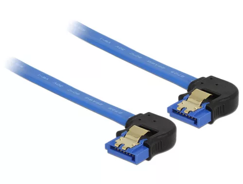 Delock SATA-kábel, 6 Gb/s, hüvely, lefelé ívelt > SATA hüvely, lefelé ívelt, 10 cm, kék aranyszínu k (DL-85094)