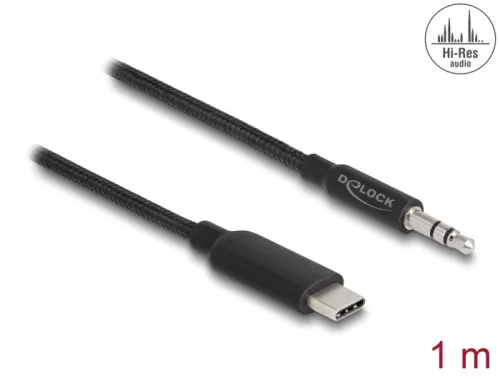 Delock Audio sztereó kábel USB Type-C dugós sztereó csatlakozóval 3,5 mm 3 tűs 1 m fekete (DL-85208)