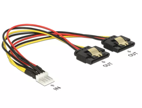 Delock Tápkábel, 4 tus Floppy-csatlakozódugó > 2 x 15 tus SATA-csatlakozóhüvely, fém, 20 cm (DL-85236)