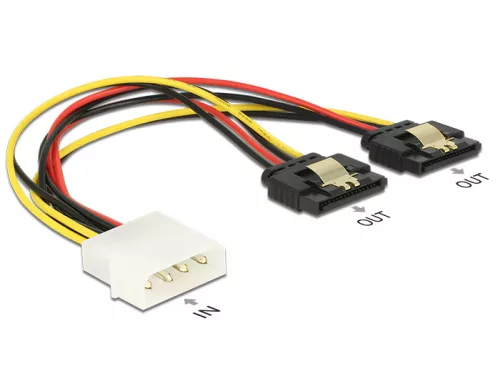 Delock Molex-tápkábel 4 tus csatlakozódugóval > 2 x 15 tus SATA-csatlakozóhüvely, fém, 20 cm (DL-85237)