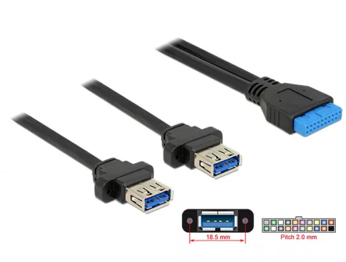 Delock USB 3.0-s csatlakozóhüvellyel ellátott kábel, 2,00 mm, 19 tus > 2 x USB 3.0 A típusú csatlako (DL-85244)