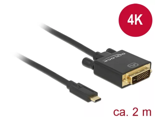 Delock Kábel USB Type-C csatlakozó > DVI 24+1 csatlakozó (DP váltakozó mód) 4K 30 Hz, 2 m, fekete (DL-85321)