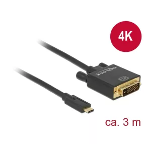   Delock Kábel USB Type-C csatlakozó > DVI 24+1 csatlakozó (DP váltakozó mód) 4K 30 Hz, 3m, fekete (DL-85322)