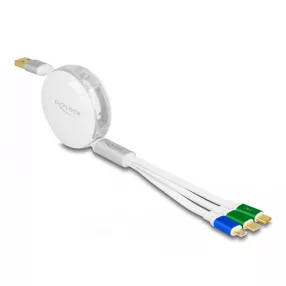   Delock USB 3 az 1-ben visszahúzható töltőkábel A-típusú USB - Micro USB / 2 x USB Type-C  gyorstöltővel, fehér (DL-85358)