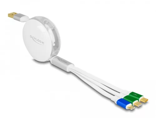 Delock USB 3 az 1-ben visszahúzható töltőkábel A-típusú USB - Micro USB / 2 x USB Type-C  gyorstöltővel, fehér (DL-85358)