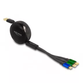   Delock USB 3 az 1-ben visszahúzható töltőkábel Micro USB-hez / 2 x USB Type-C  gyorstöltéssel, fekete (DL-85359)