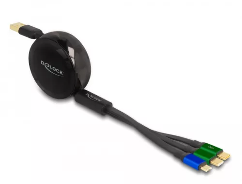 Delock USB 3 az 1-ben visszahúzható töltőkábel Micro USB-hez / 2 x USB Type-C  gyorstöltéssel, fekete (DL-85359)
