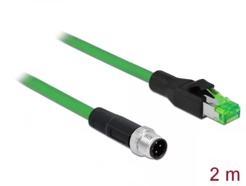 Delock Hálózati kábel M12 4 tűs D-kódú RJ45 csatlakozóhoz PVC borítás 2 m hosszú (DL-85438)