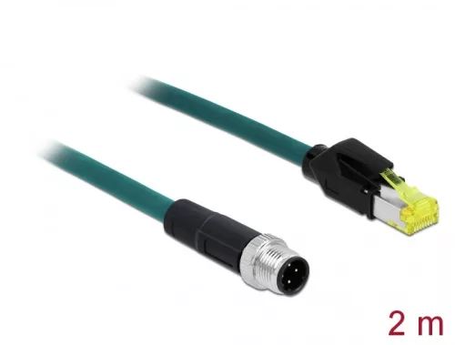 Delock Hálózati kábel M12 4 tűs D-kódú RJ45 Hirose csatlakozóhoz TPU borítás 2 m hosszú (DL-85442)