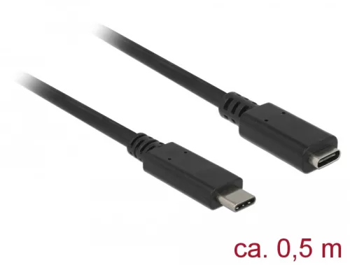 Delock Bovítokábel SuperSpeed USB (USB 3.1 Gen 1) USB Type-C dugó > hüvely, 3 A, 0,5 m, fekete (DL-85532)