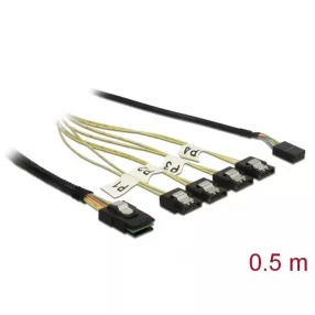   Delock Kábel Mini SAS SFF-8087 > 4 x 7 tűs SATA + oldalsáv, 0,5 m fém (DL-85674)