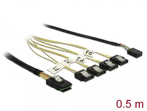 Delock Kábel Mini SAS SFF-8087 > 4 x 7 tűs SATA + oldalsáv, 0,5 m fém (DL-85674)