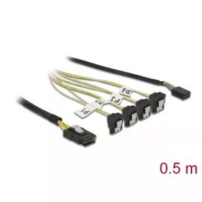   Delock Kábel Mini SAS SFF-8087 >4 x SATA 7 érintkezős hüvely 90 fokban ívelt + oldalsáv, 0,5 m (DL-85683)